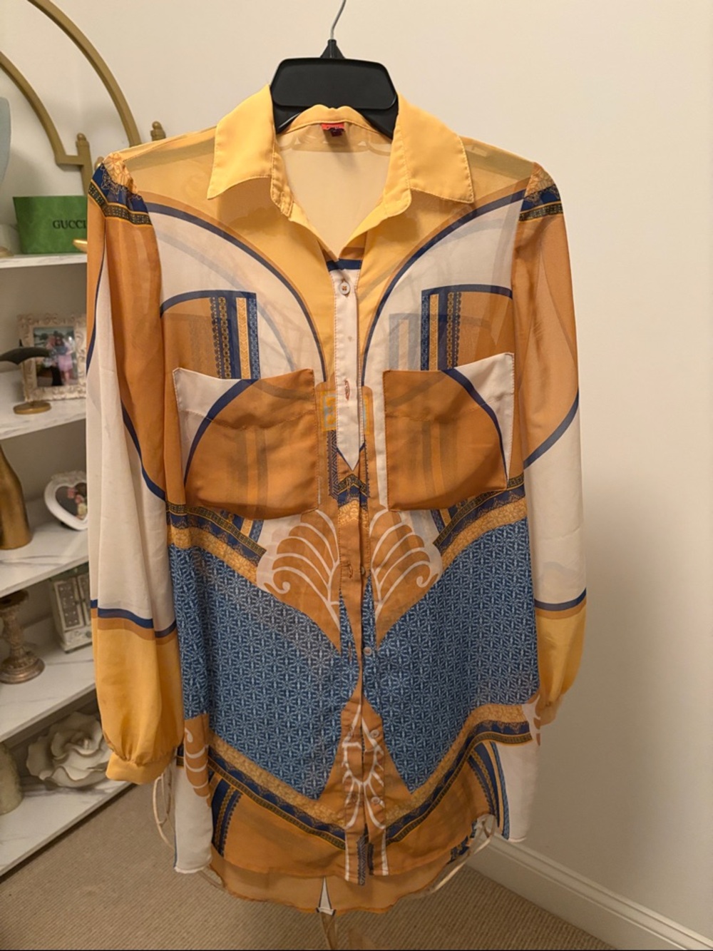 FARM Rio Yellow, Blue & White Geometric Silk-Feel Blouse